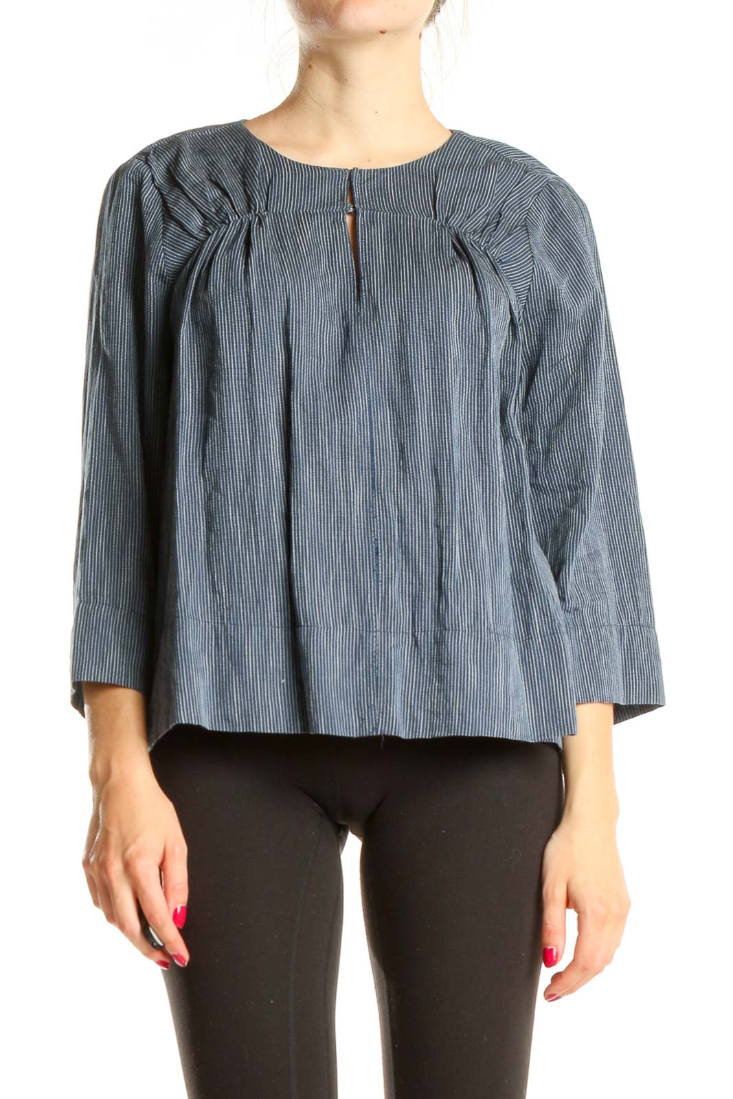 Blue Gray Striped Chic Blouse Front