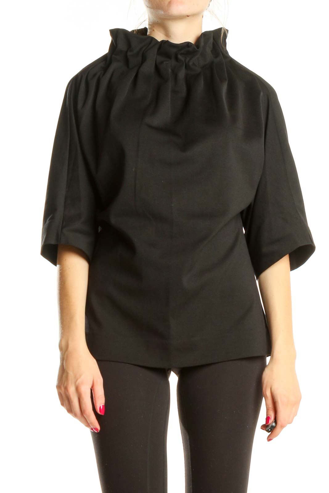 Black Structured Chic Top With Scrunch Neck Detail Front