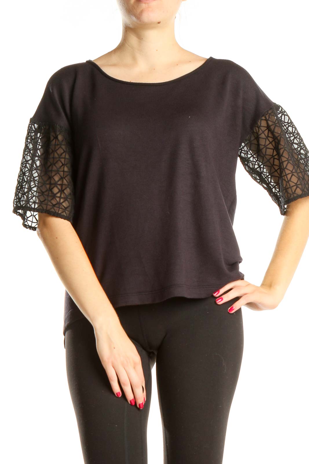 Black Casual Top with Sleeve Detail Front