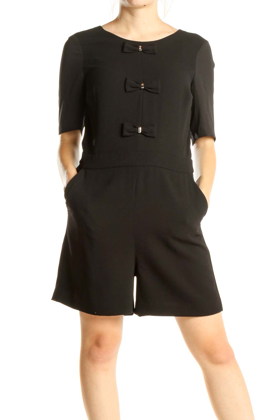 Black Chic Romper With Bow Detail Front