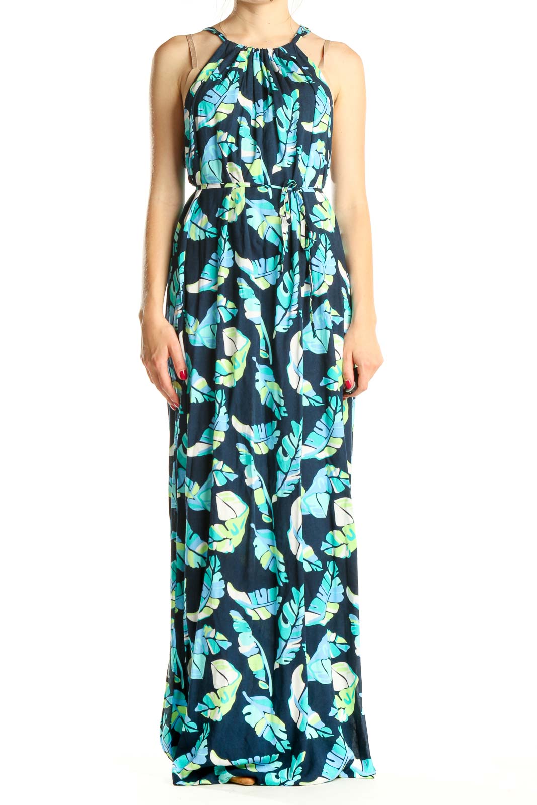 Blue Tropical Print Bohemian Column Dress Front