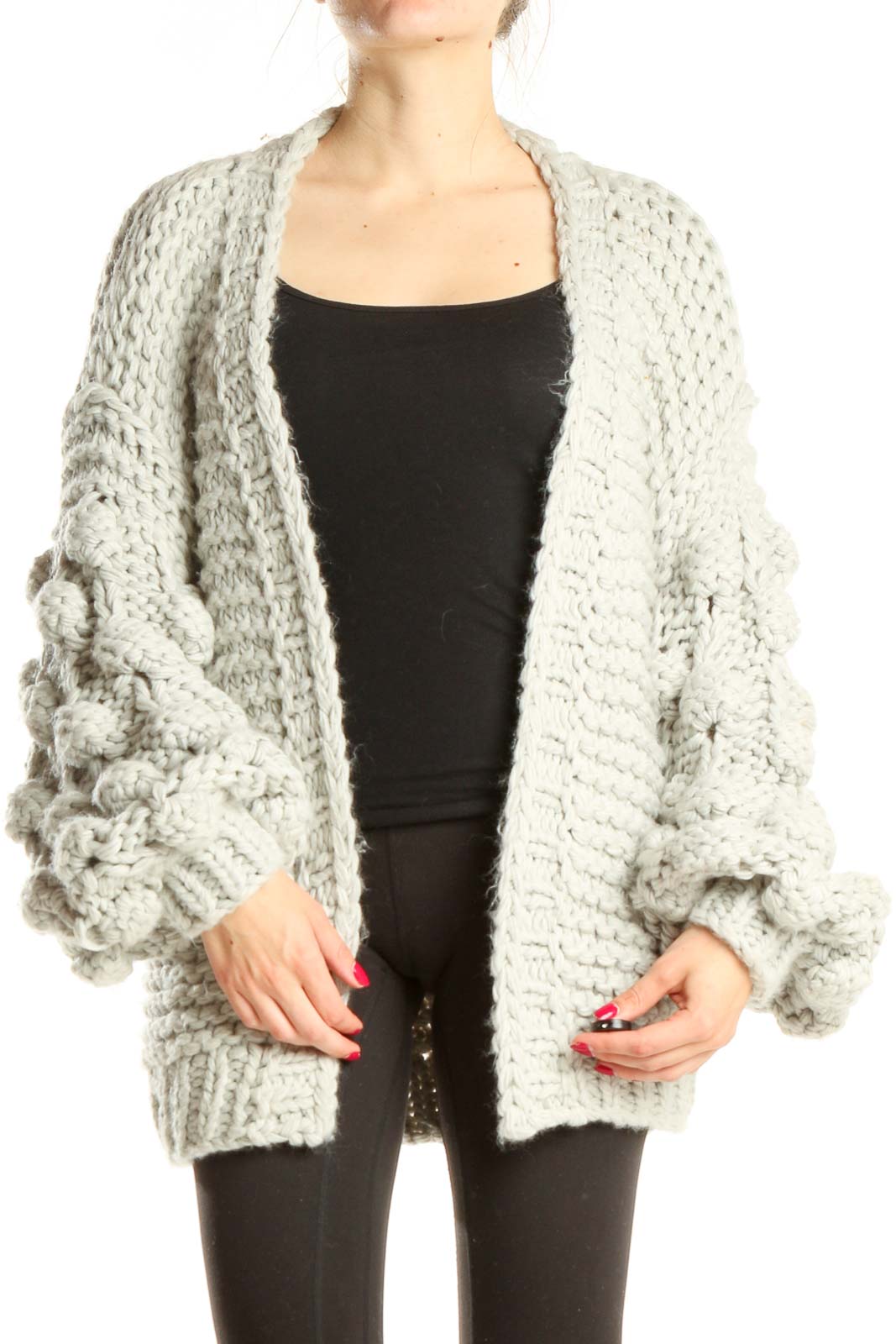 Gray Knitted Sweater Cardigan Front
