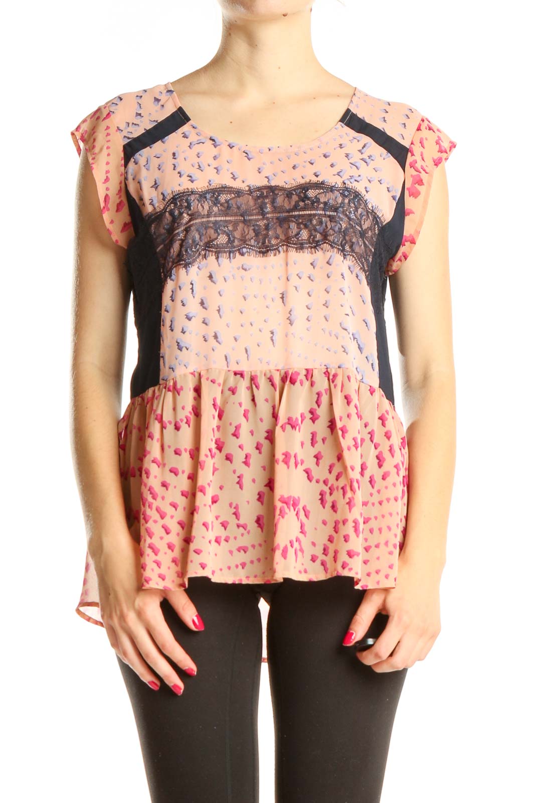 Pink Printed Lace Trim Bohemian Blouse Front