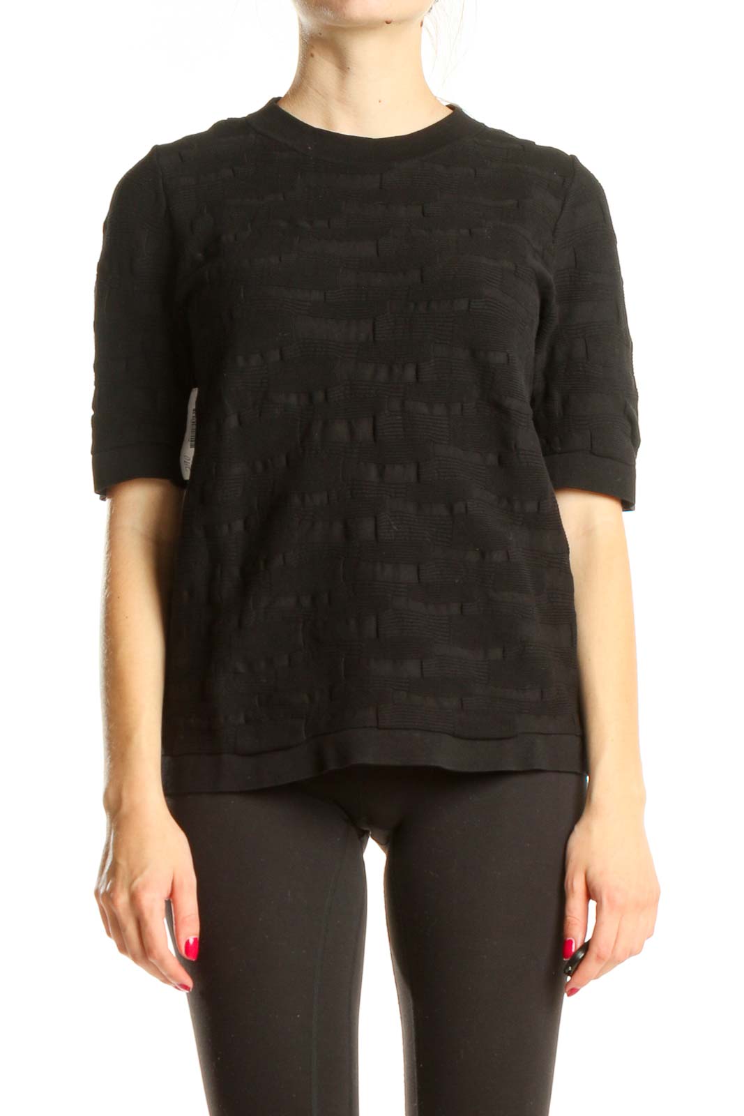 Black Knitted Textured Classic Top Front