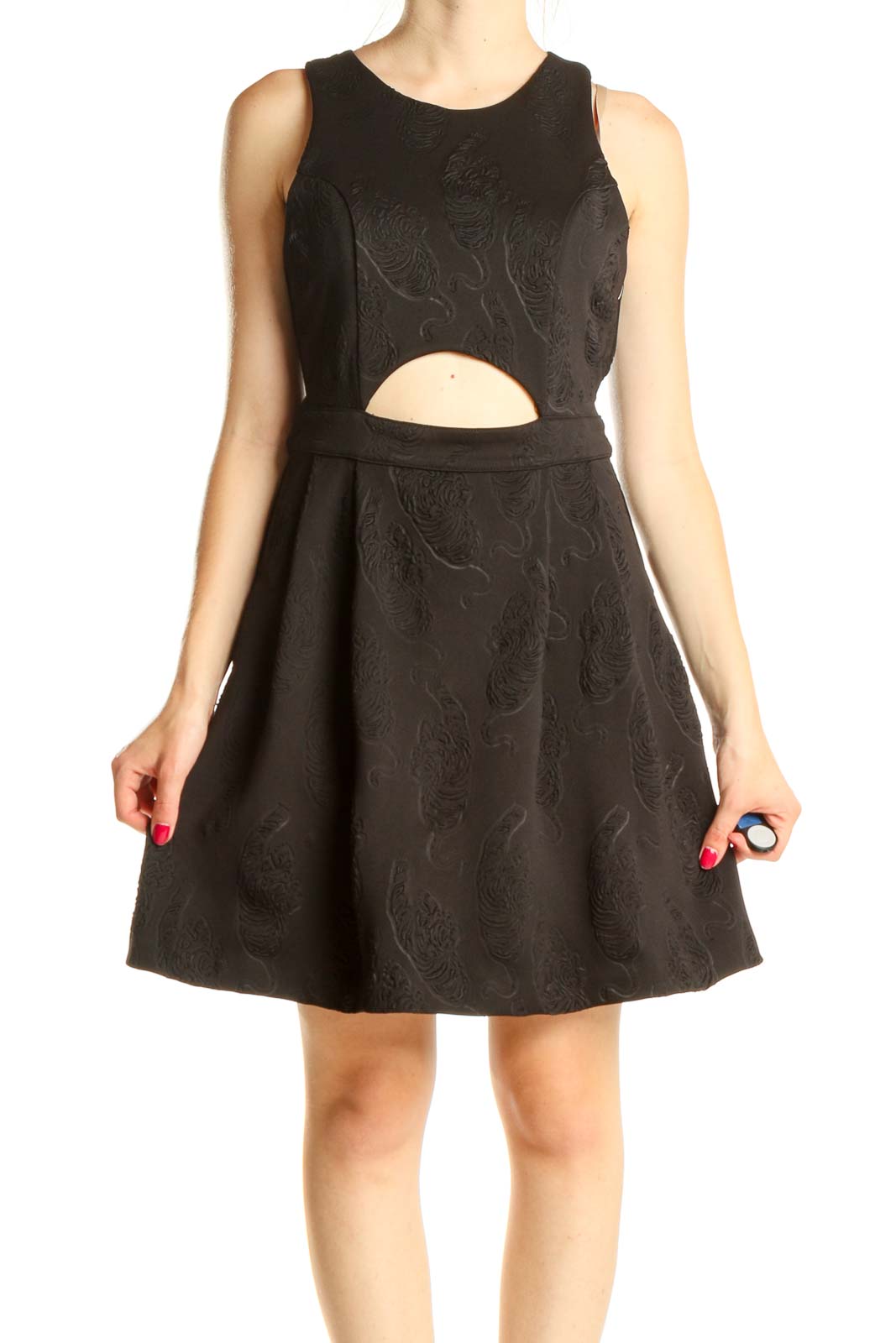Black Embossed Cocktail Fit & Flare Dress With Cutout Front