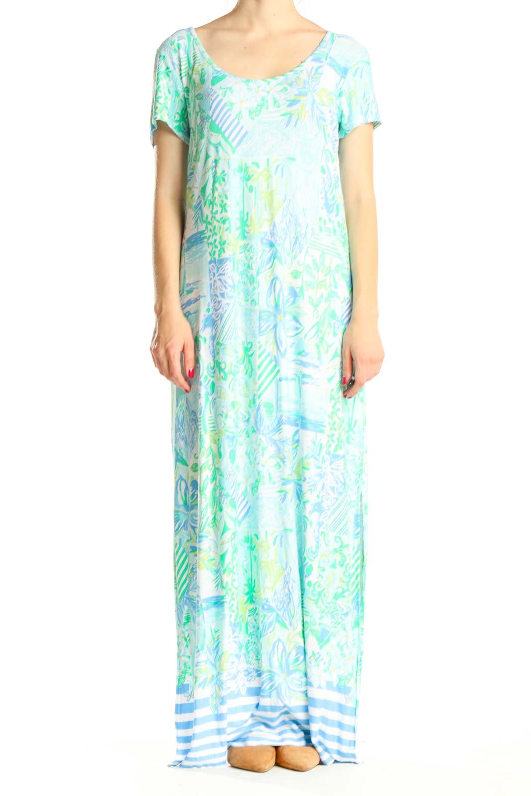 Blue Green Tropical Print Holiday Column Dress Front