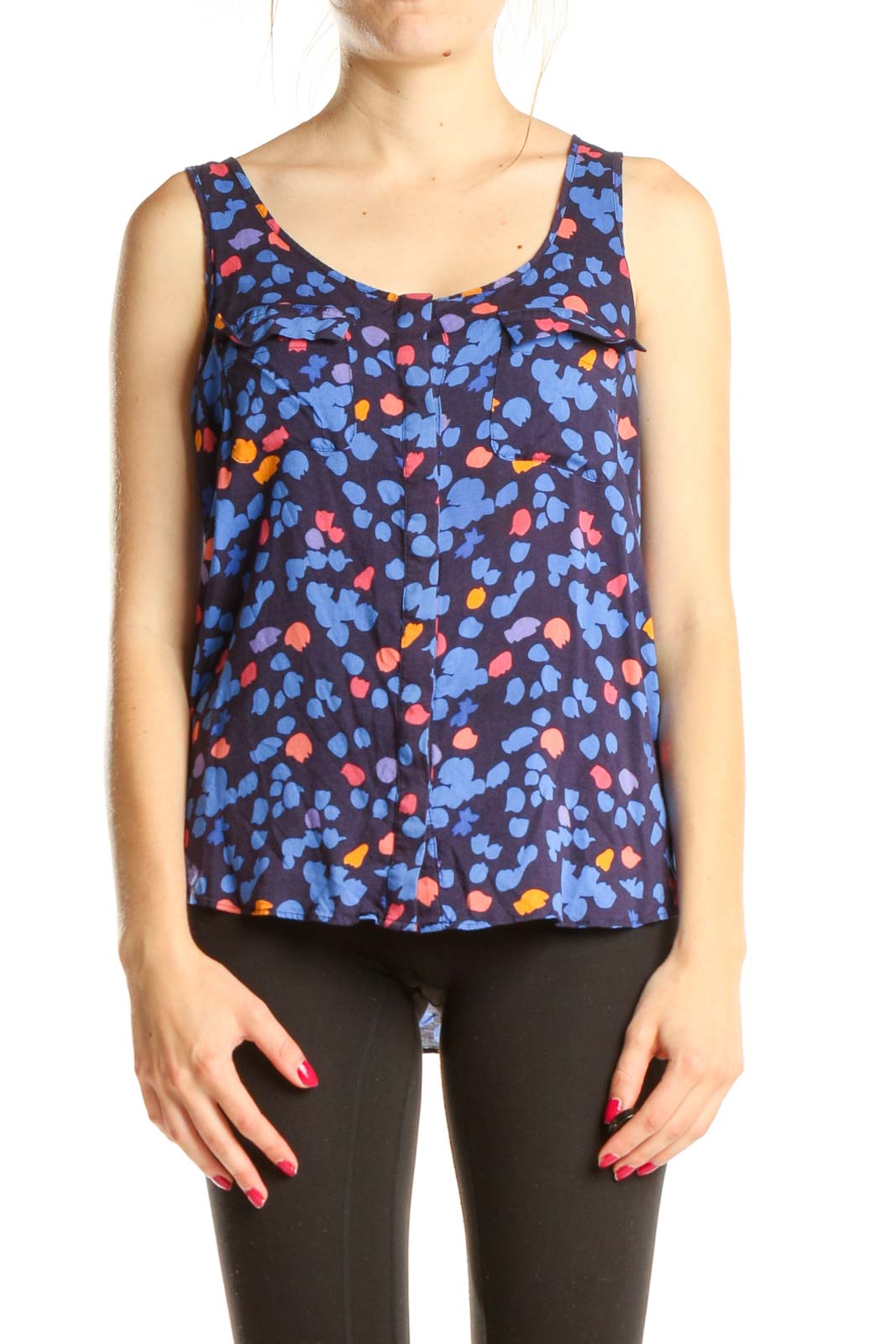 Blue Printed Casual Tank Top Front