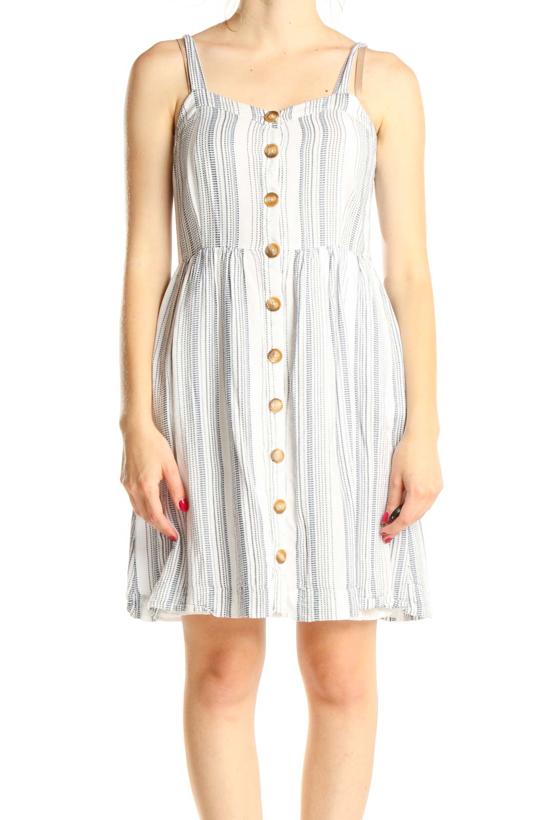 White Blue Striped Casual Fit & Flare Dress Front