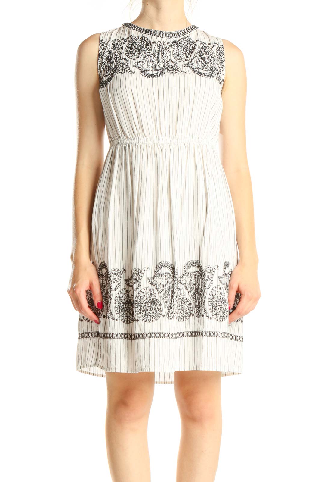 White Paisley Embroidered Bohemian Fit & Flare Dress Front