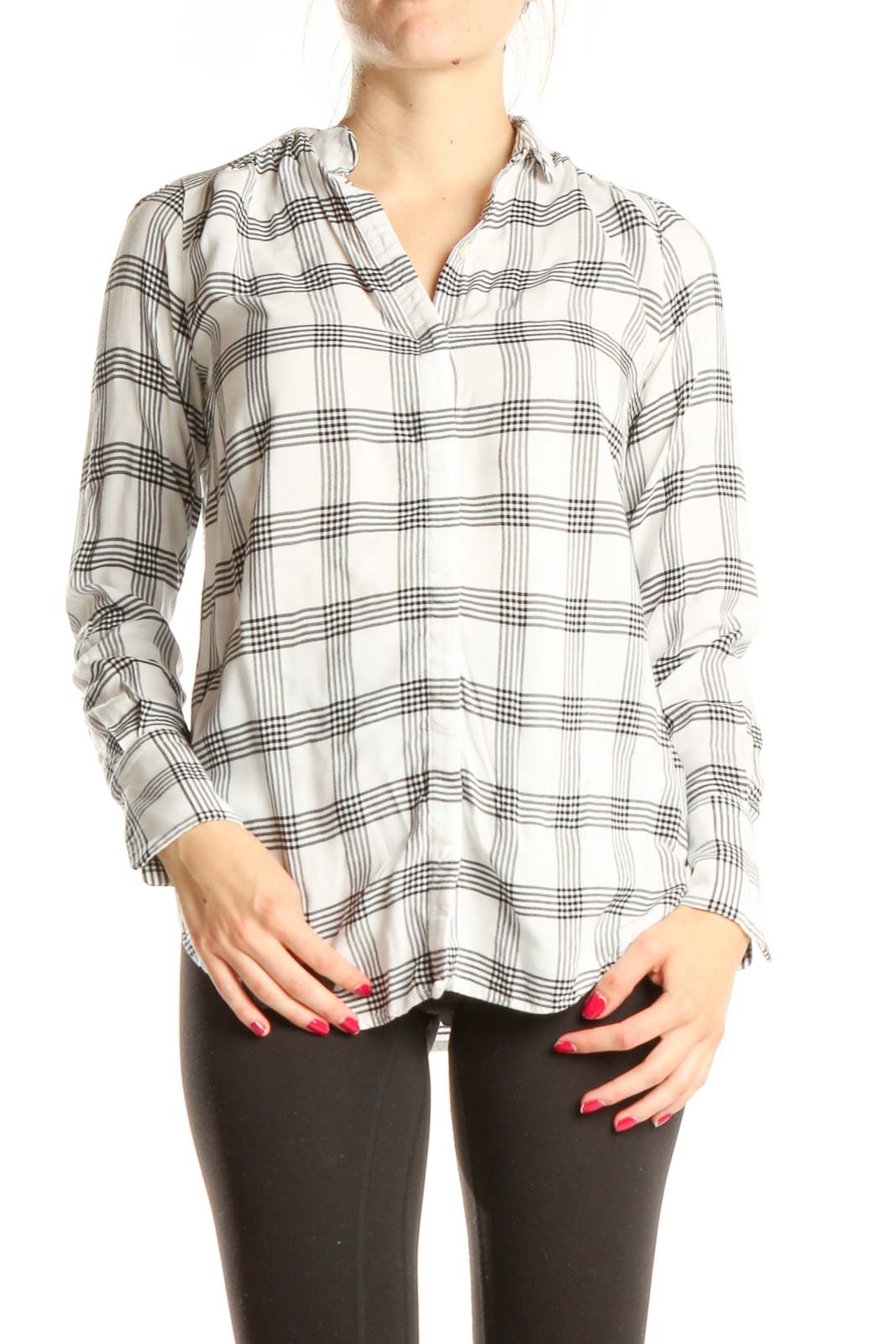 White Black Checkered Casual Top Front