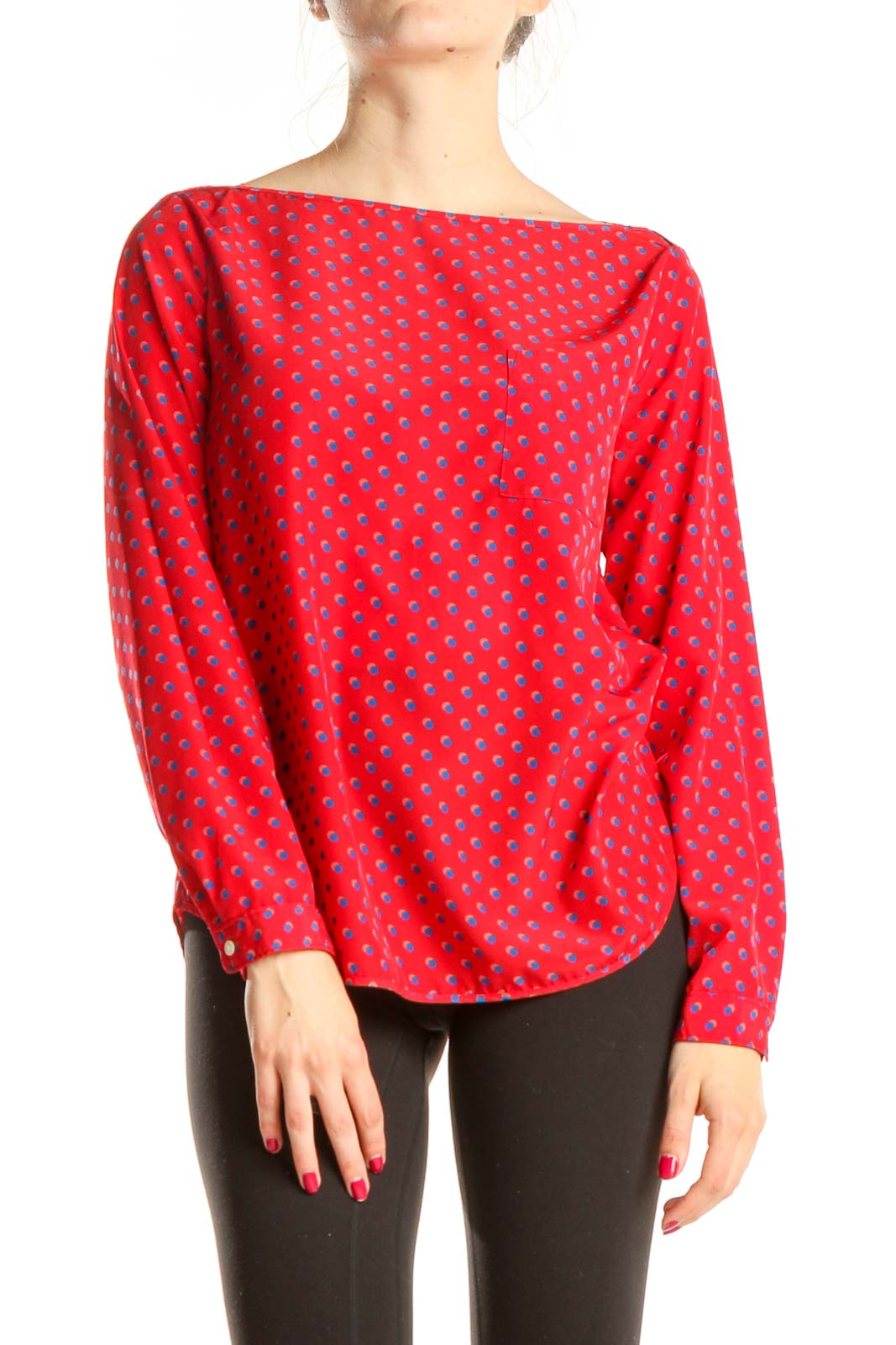 Red Printed Boatneck Top Front