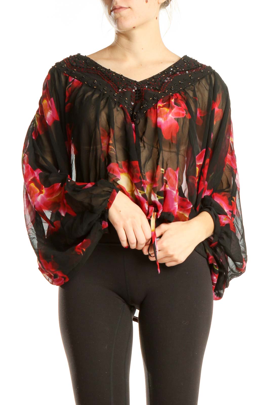 Black Sheer Floral Print Bohemian Blouse with Sequin Neckline Front