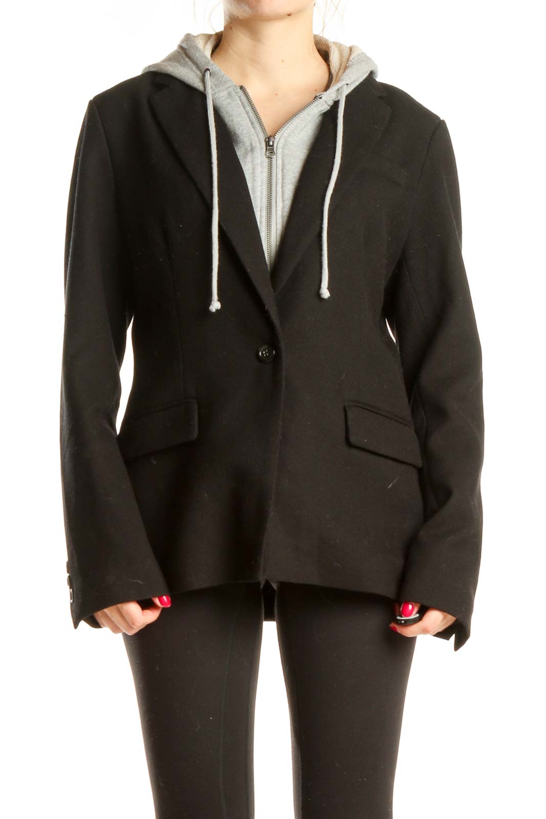 Black Blazer With Sewn In Sweatshirt Detail Front