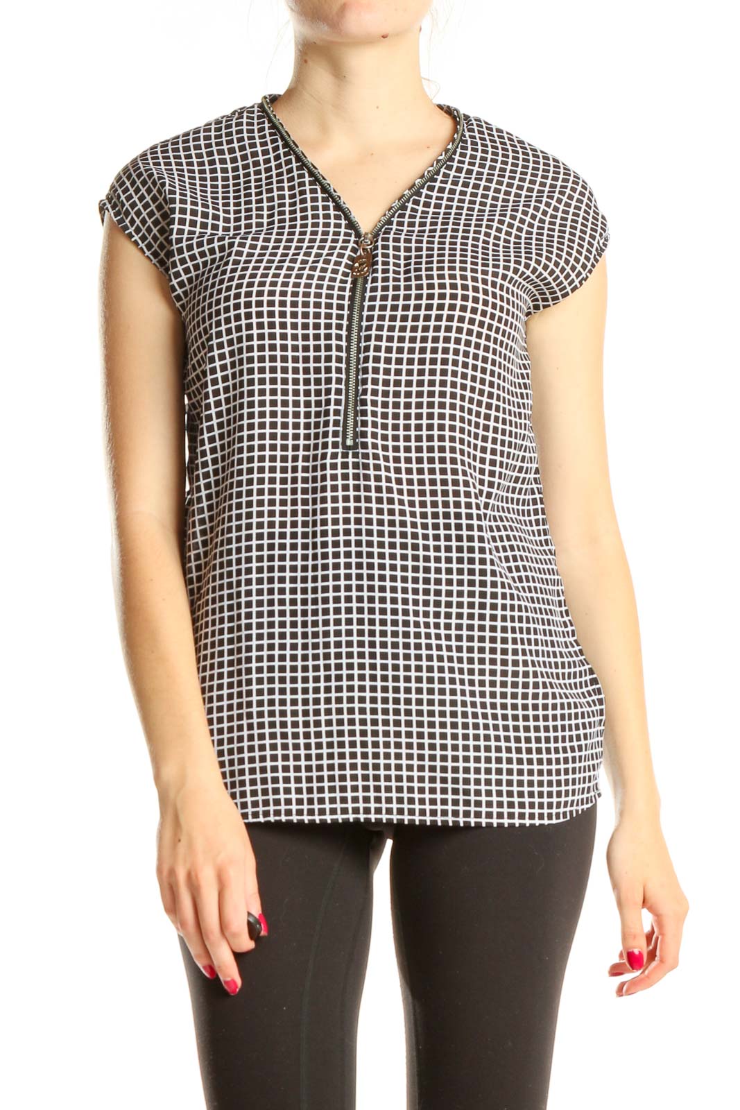 Black White Checkered Classic Blouse With Zipper Detail Front