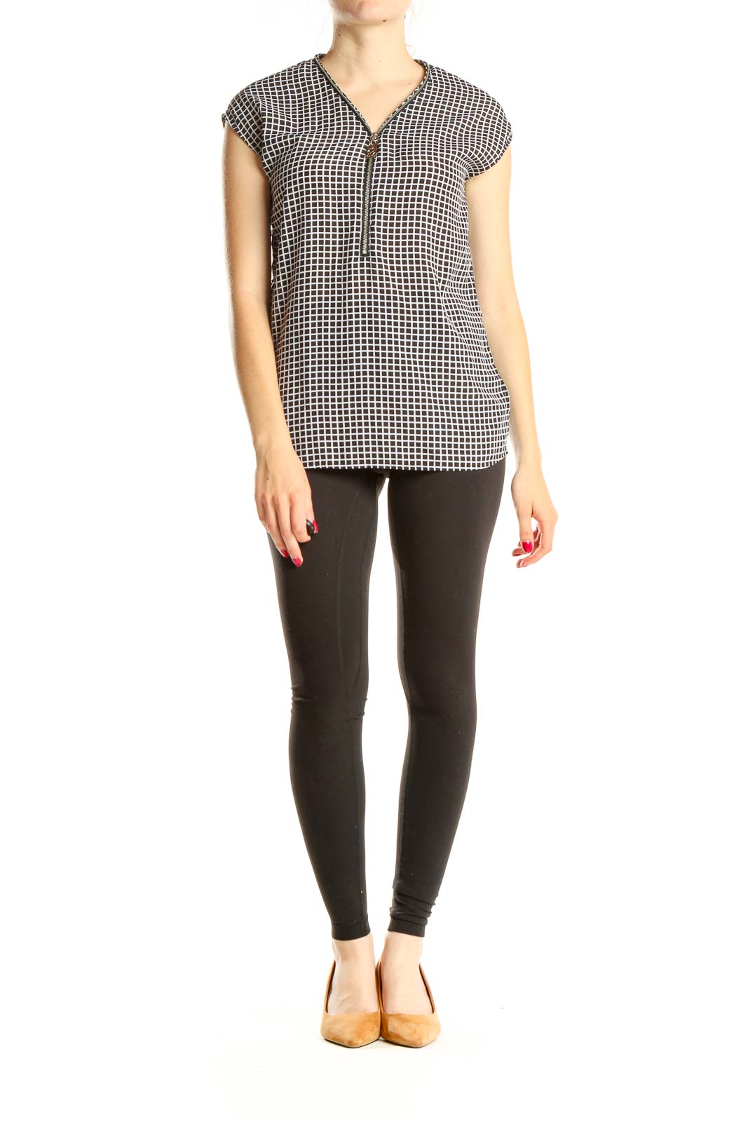 MICHAEL Michael Kors - Black White Checkered Classic Blouse With Zipper  Detail Polyester | SilkRoll