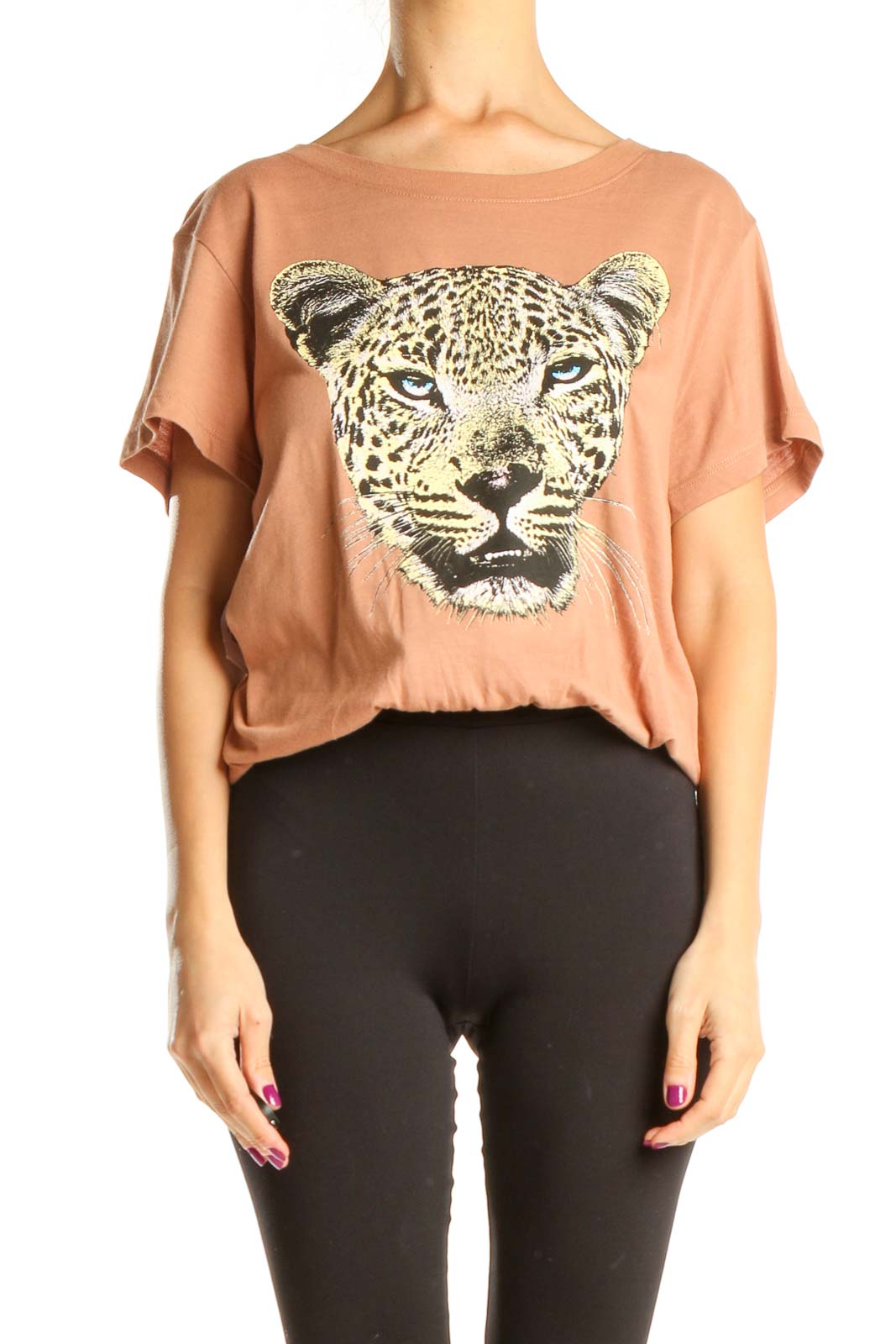Brown Graphic Leopard Print All Day Wear T-Shirt Front