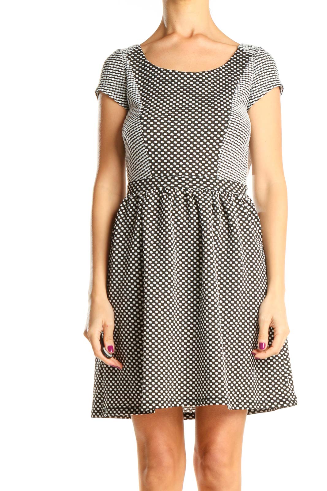 Gray Polka Dot Classic Fit & Flare Dress Front