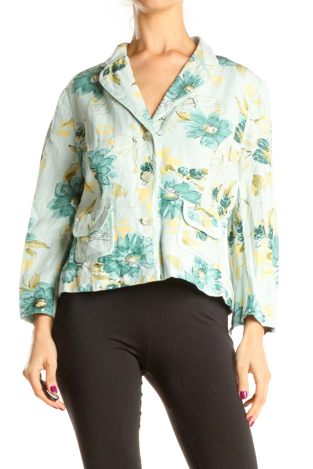 Blue Yellow Retro Floral Print Jacket Front