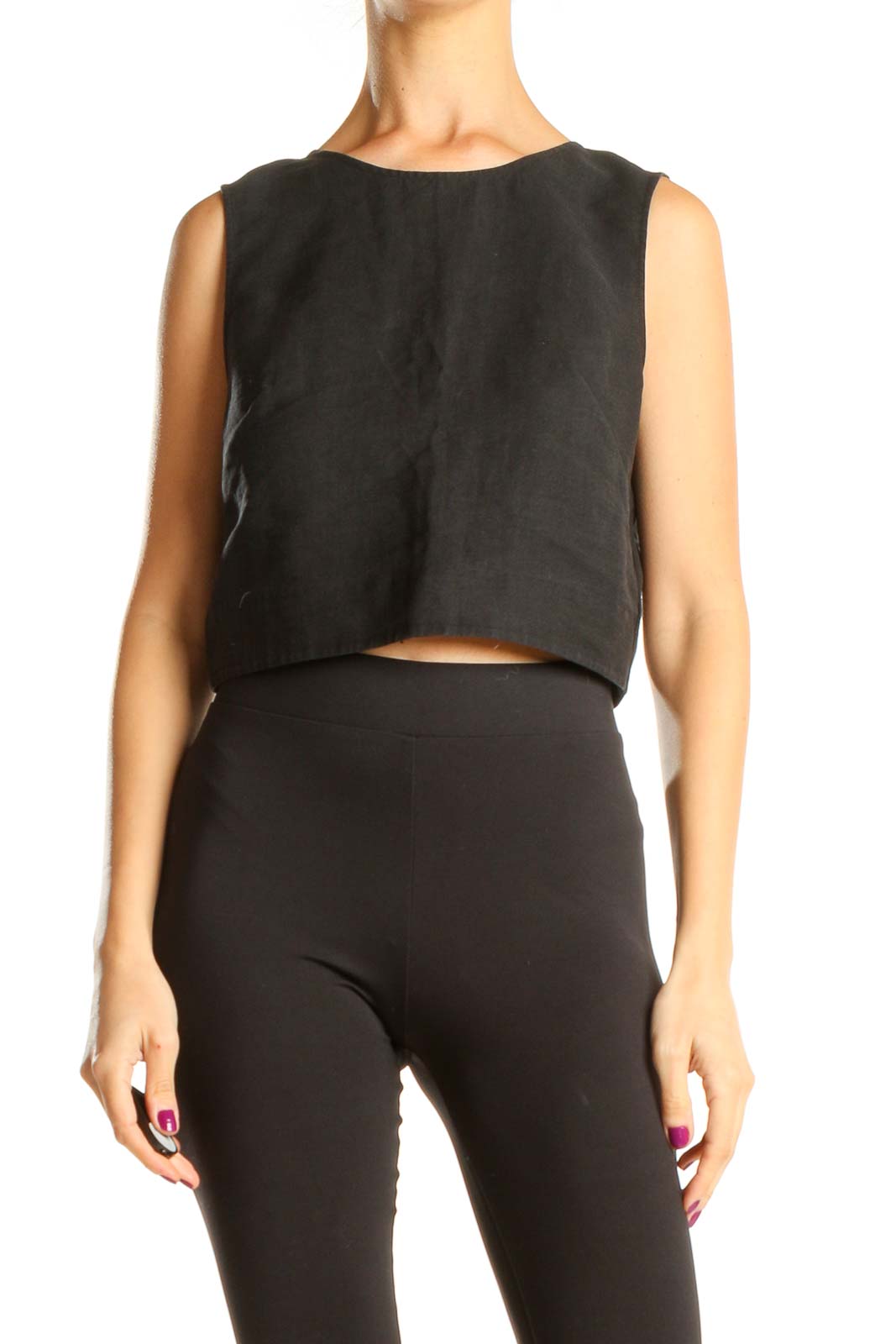 Black Cropped Casual Tank Top Front