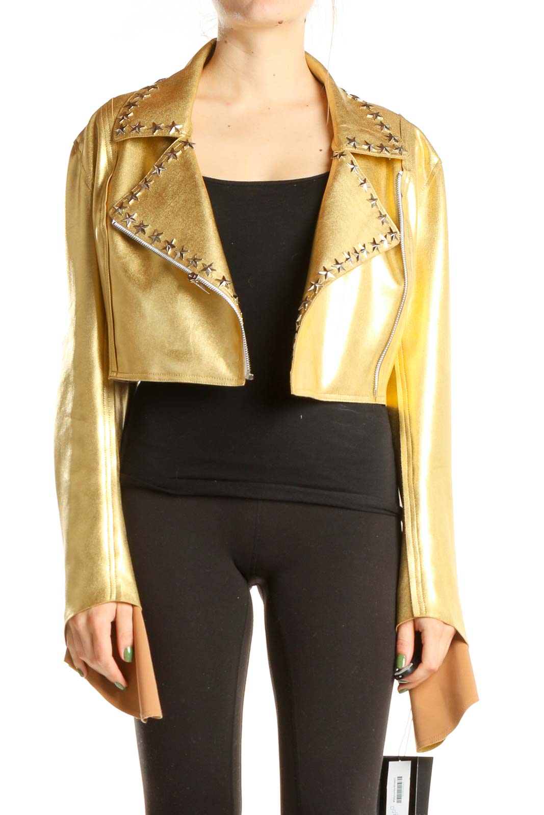 Gold Cropped Shimmer Jacket With Star Detail Front