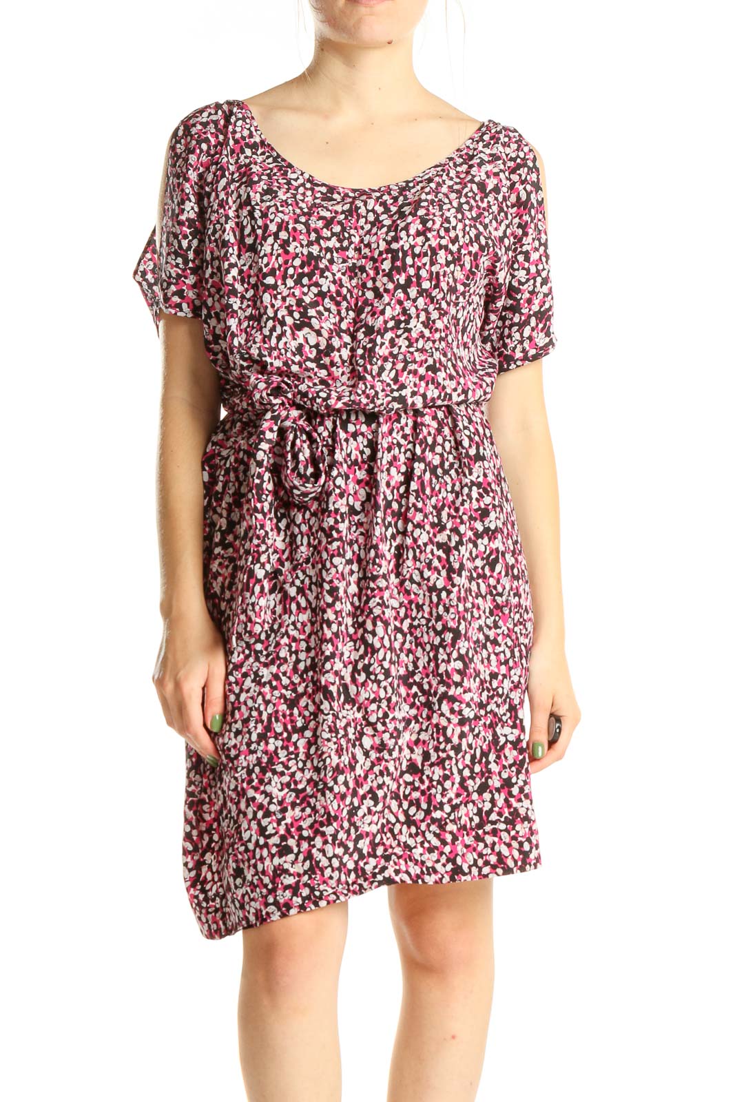 Pink Printed Casual Silk Dress With Tie Waist Front