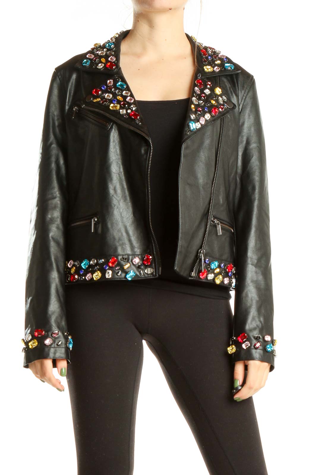 Black Leather Jacket With Rainbow Jewel Detail Front