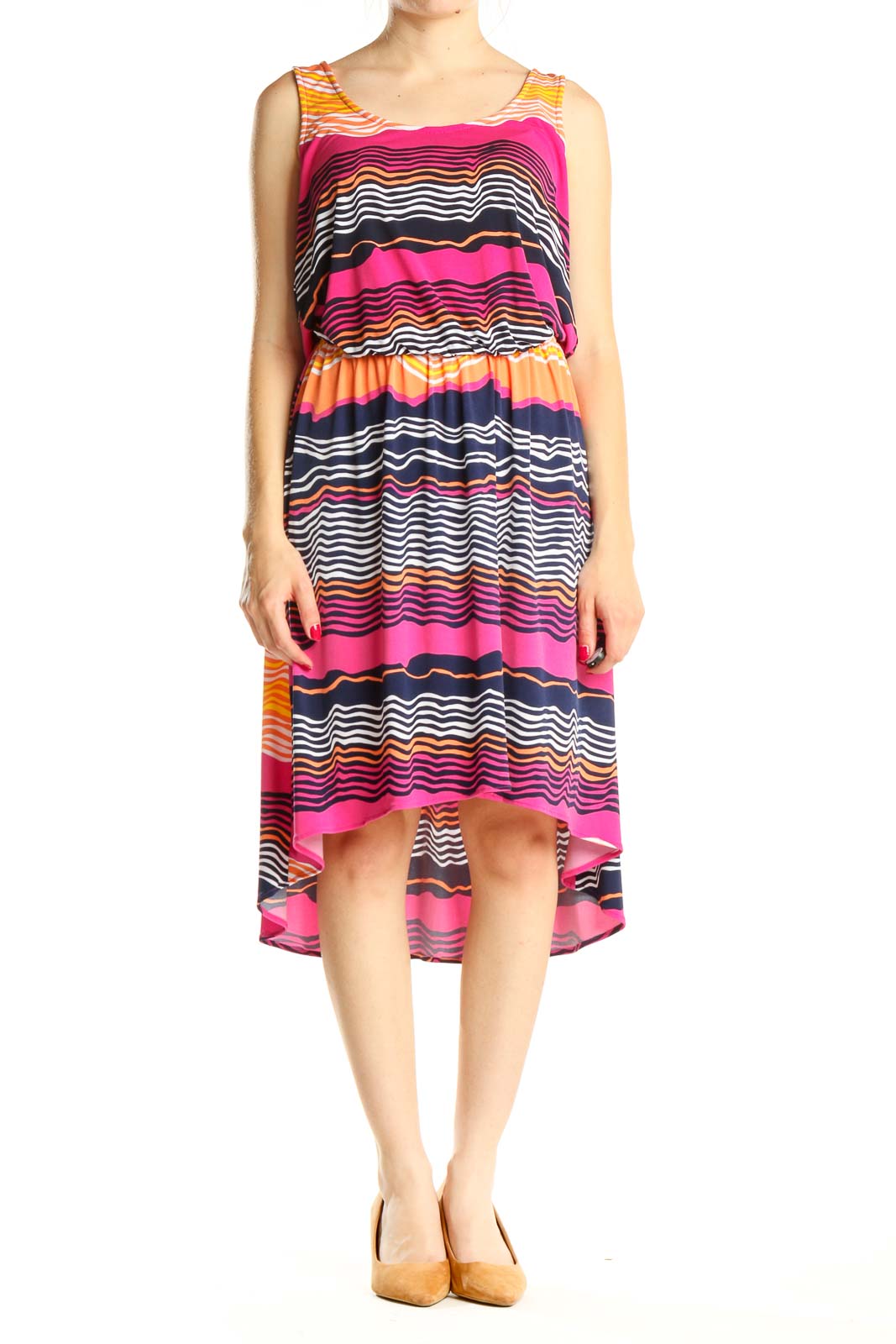 Multicolor Striped High Low Fit & Flare Dress Front