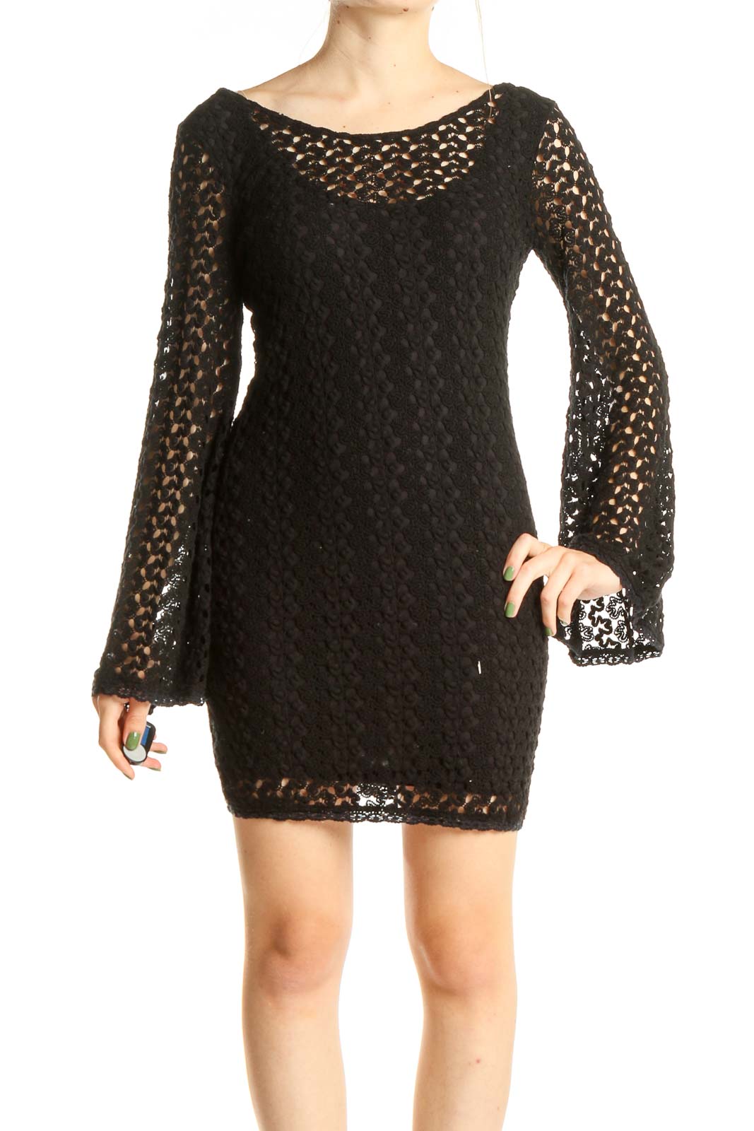 Black Crochet Cocktail Mini Dress Front
