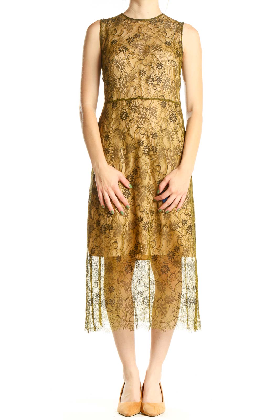 Green Brown Lace Dress With Slip Front