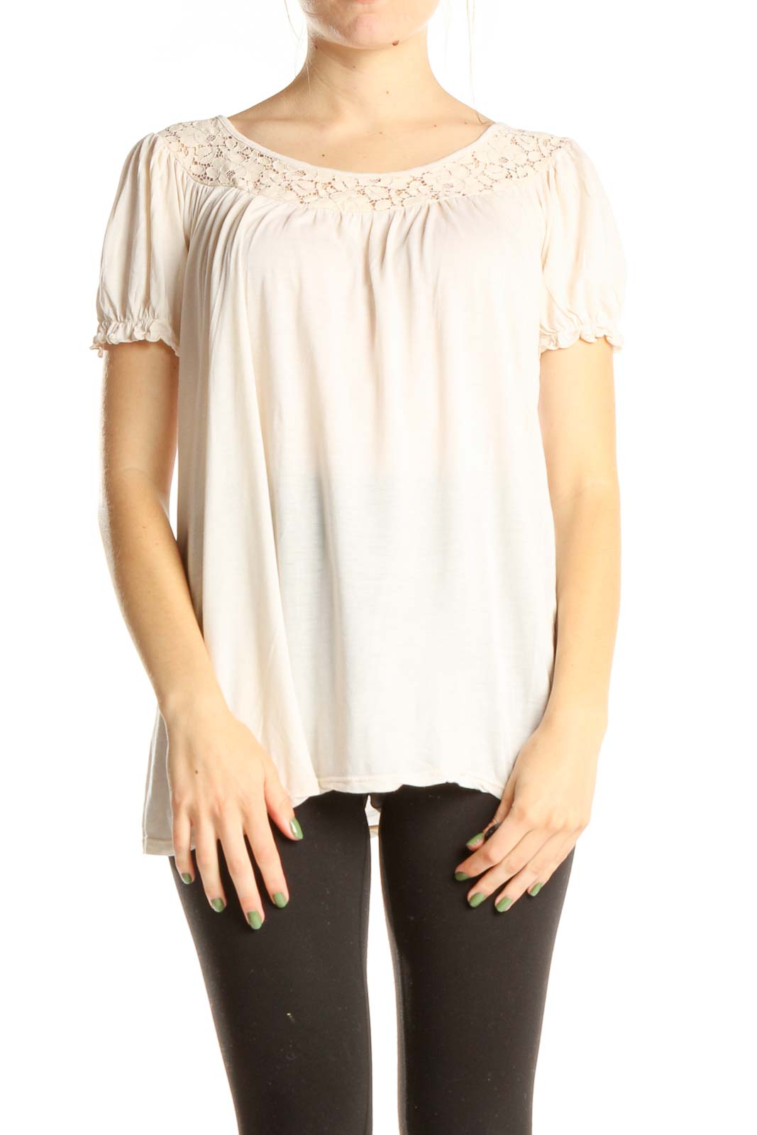 White Romantic Top With Lace Neckline Front