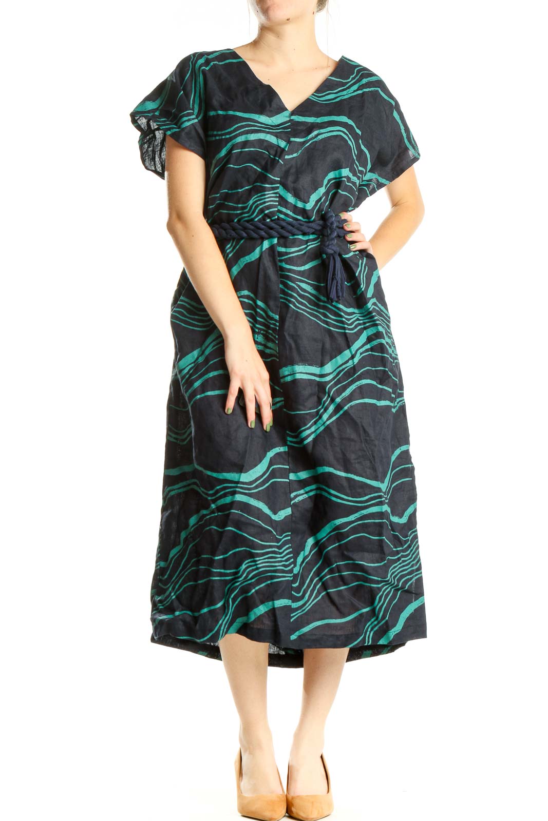 Blue Green Abstract Printed Bohemian Dress Front