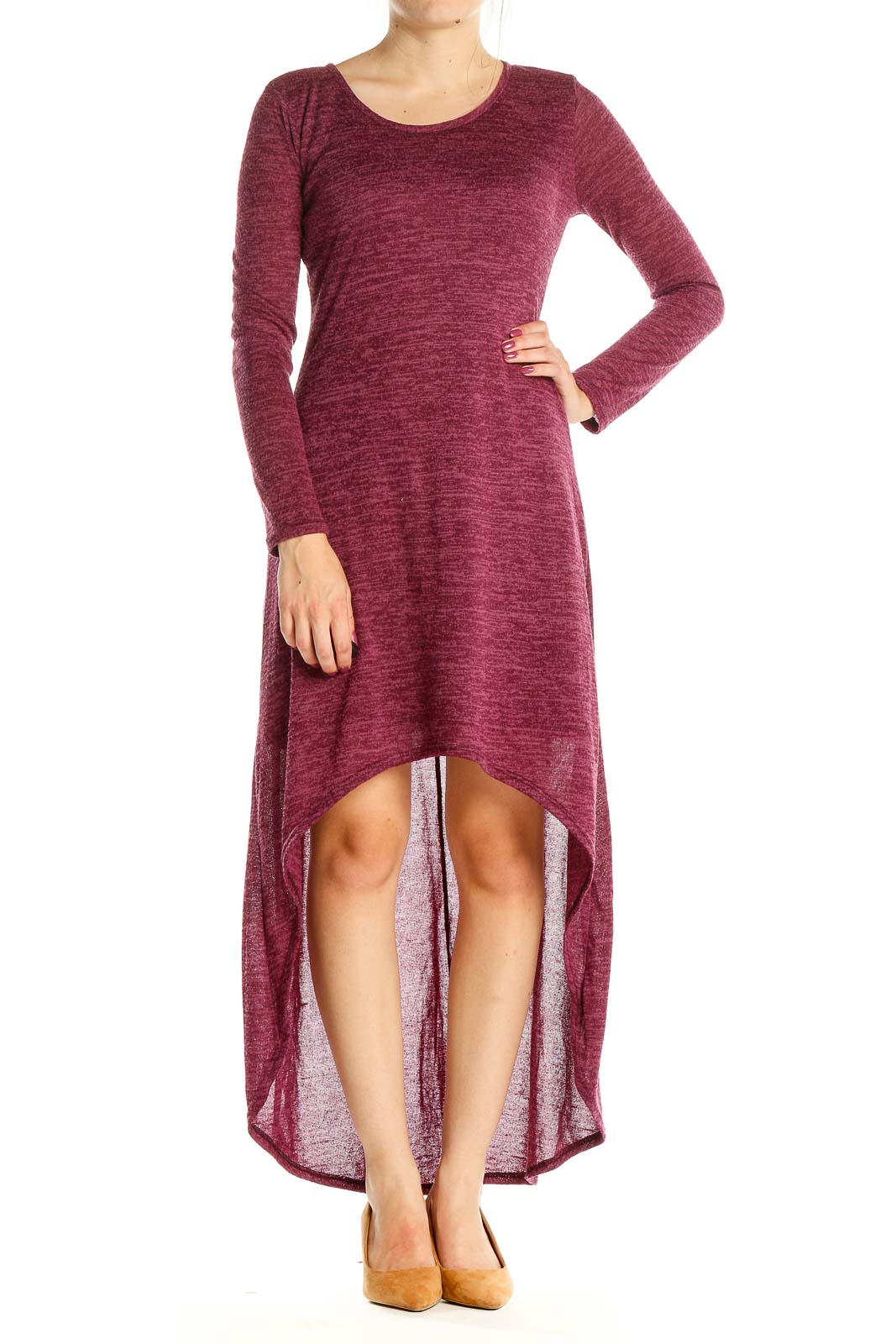 Red Day Long Sleeve High-Low Dress Front