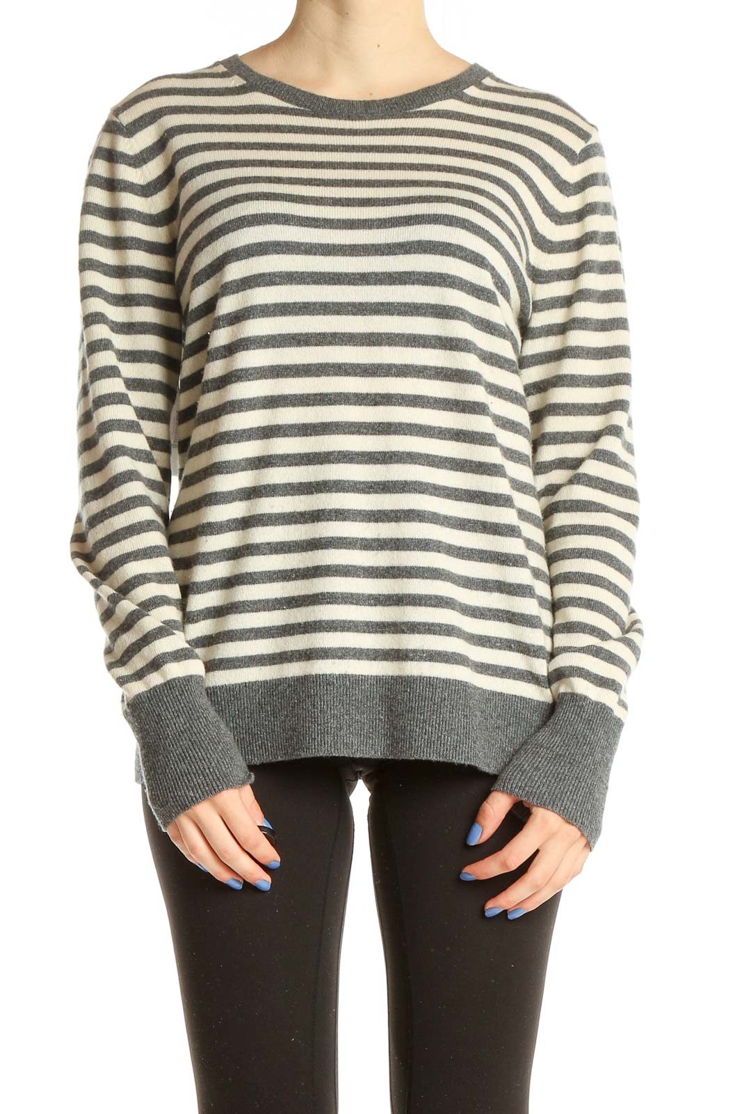 Gray Beige Striped Casual Sweater Front