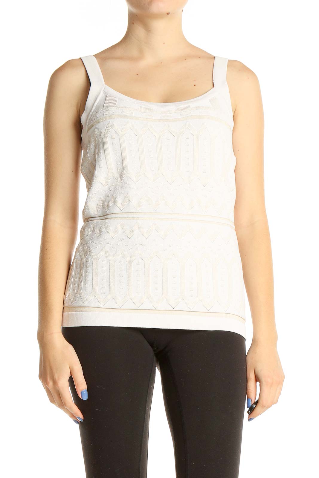 White Textured Printed Casual Tank Top Front