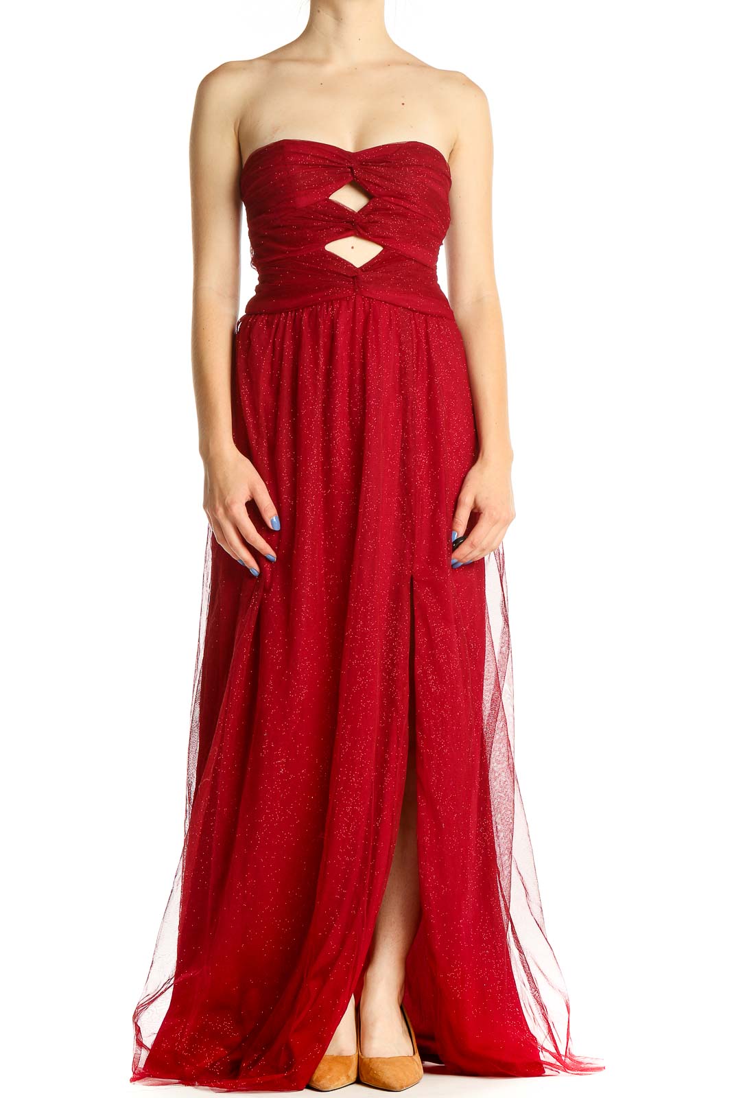 Red Sparkly Strapless Holiday Column Dress Front