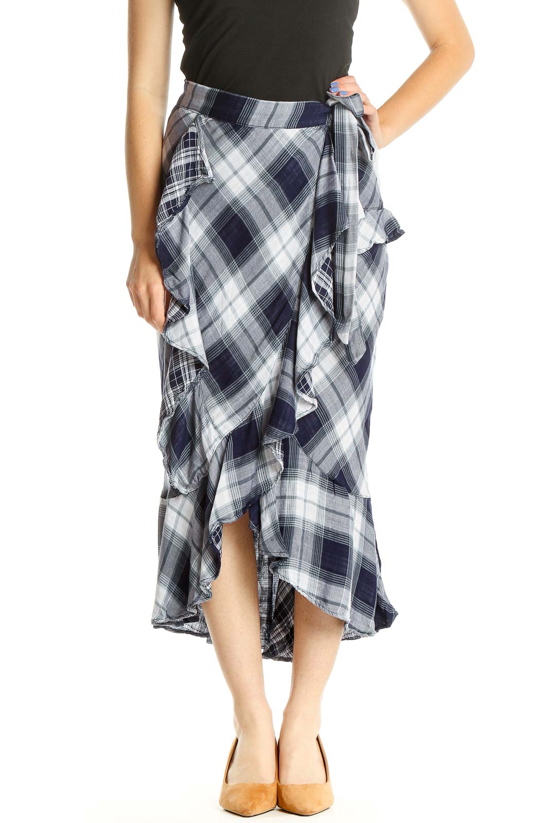 Blue White Checkered Casual Wrap Skirt Front