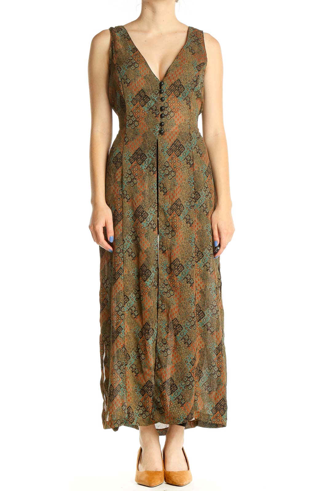 Green Geometric Print Bohemian Long Top With Slits Front