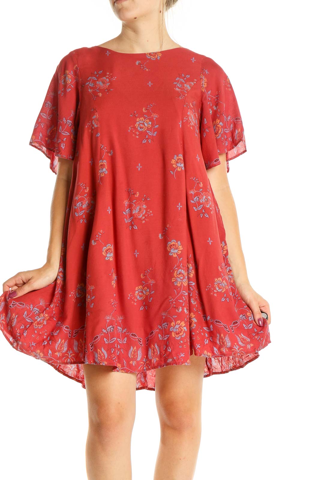 Red Floral Print Bohemian Babydoll Dress Front