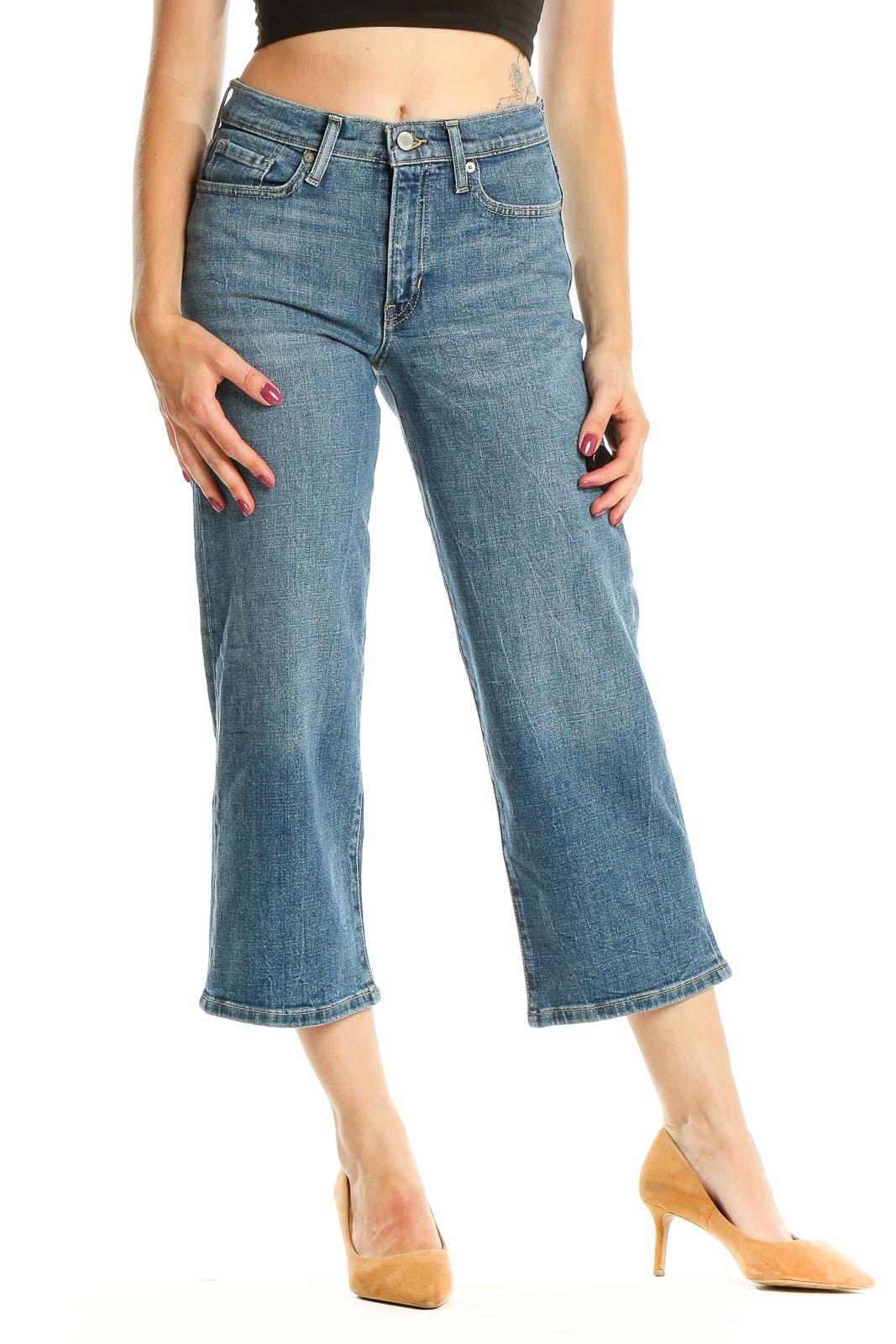 Blue Cropped Wide Leg Jeans Front