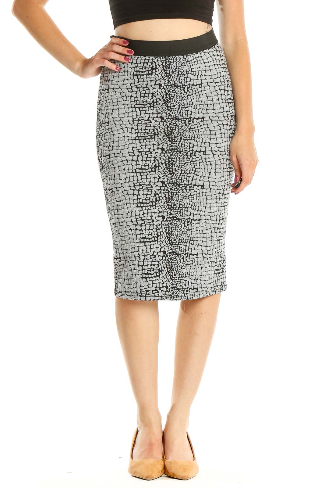 Gray Printed Casual Pencil Skirt Front