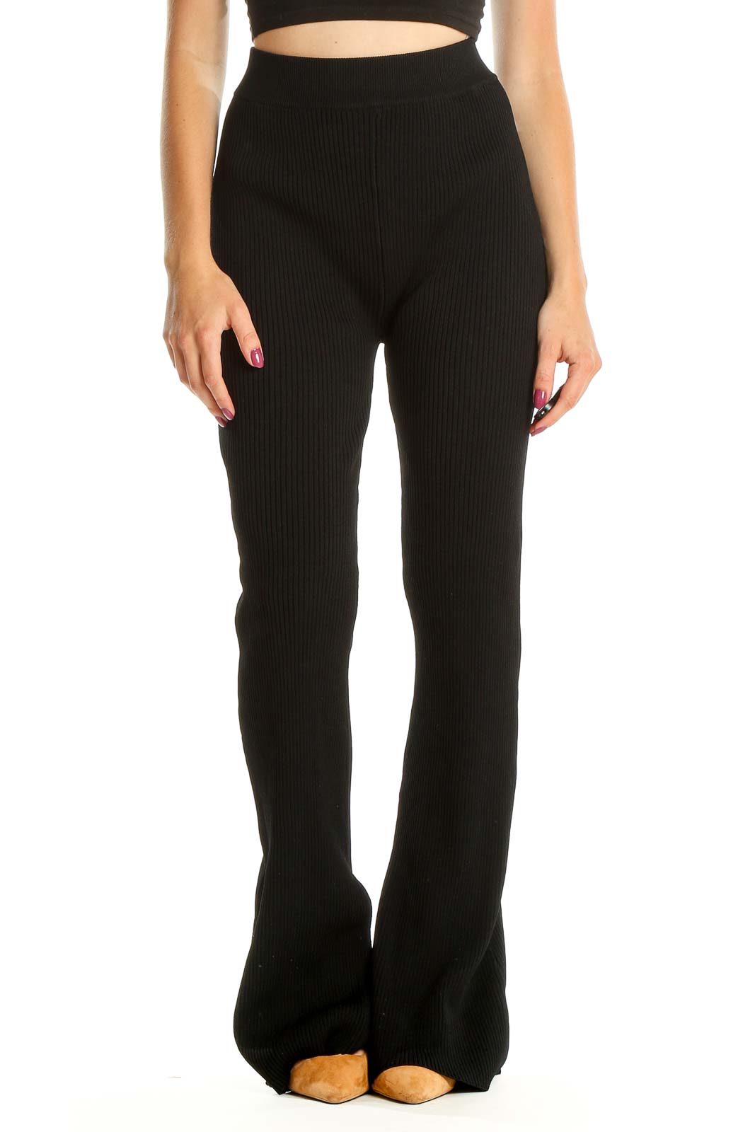 Black High Waisted Ribbed Classic Wide Leg Pants Front