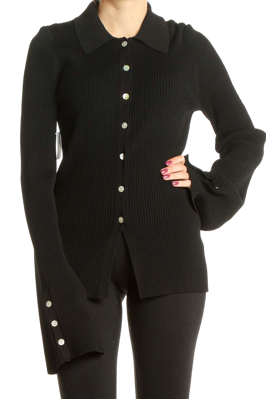 Black Ribbed Bell Sleeve Button Up Top with Collar Front