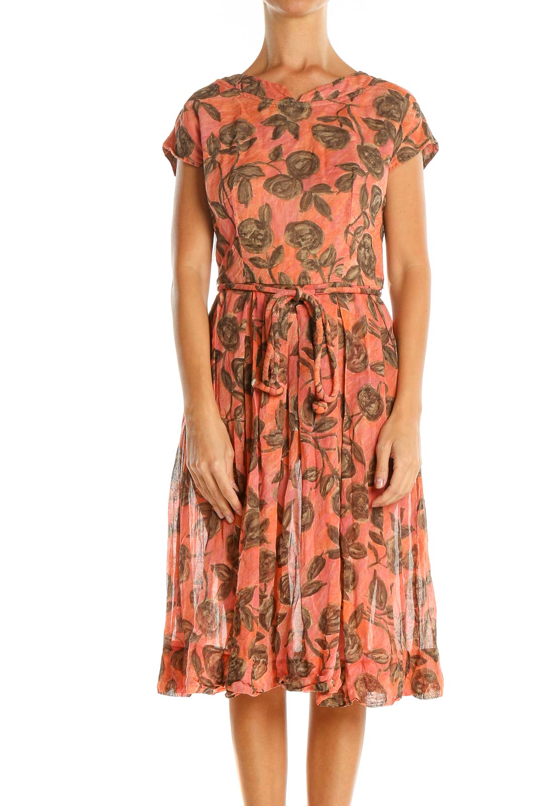 Salmon Floral Print Retro Fit & Flare Dress Front