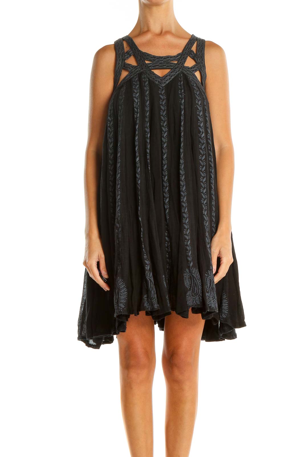 Black Gray Embroidered Babydoll Dress Front