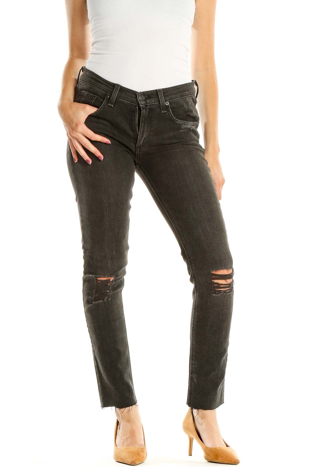 Black Distressed Straight Leg Jeans Front