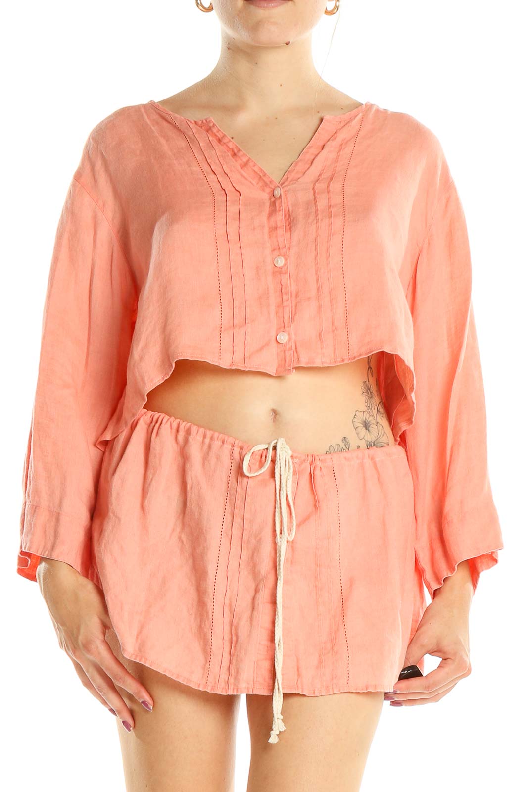 Reworked: Palm Beach top - 100% linen cropped button down Front