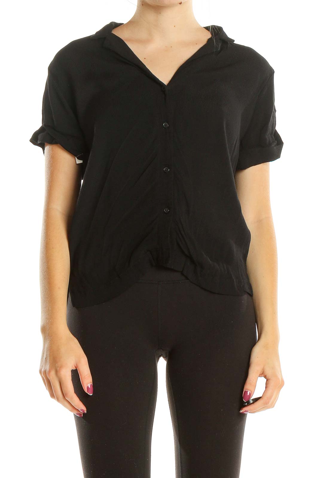 Black Casual Button Up Top Front