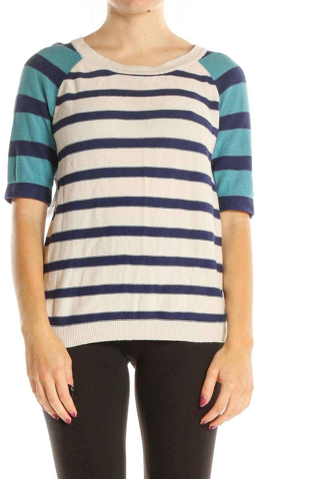 Blue White Striped Casual Sweater Front