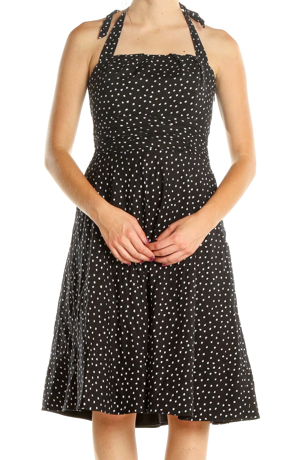 Black Polka Dot Retro Halter Fit & Flare Dress Front