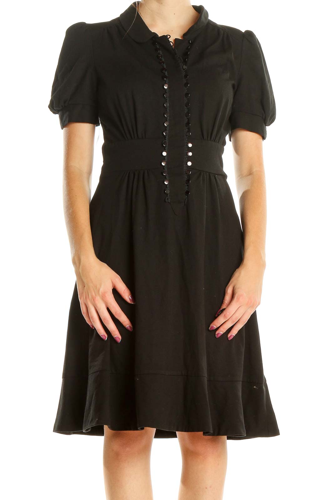 Black Classic Fit & Flare Dress With Button Detail Front